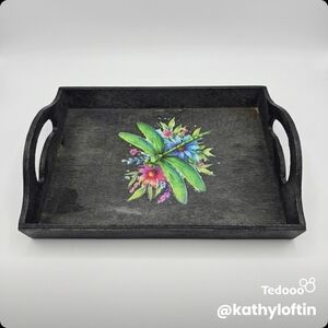 Kathy Loftin Black Decorative Serving Tray with Tropical Floral Accent